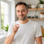 A smiling man with short brown hair and light stubble, wearing a light gray crew-neck t-shirt, standing in a bright, modern kitchen.